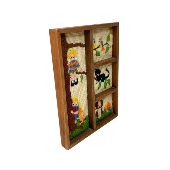 Vintage Needlepoint Childrens Room Kids Framed Climbing Tree Cat Nursery - Picture 6 of 10